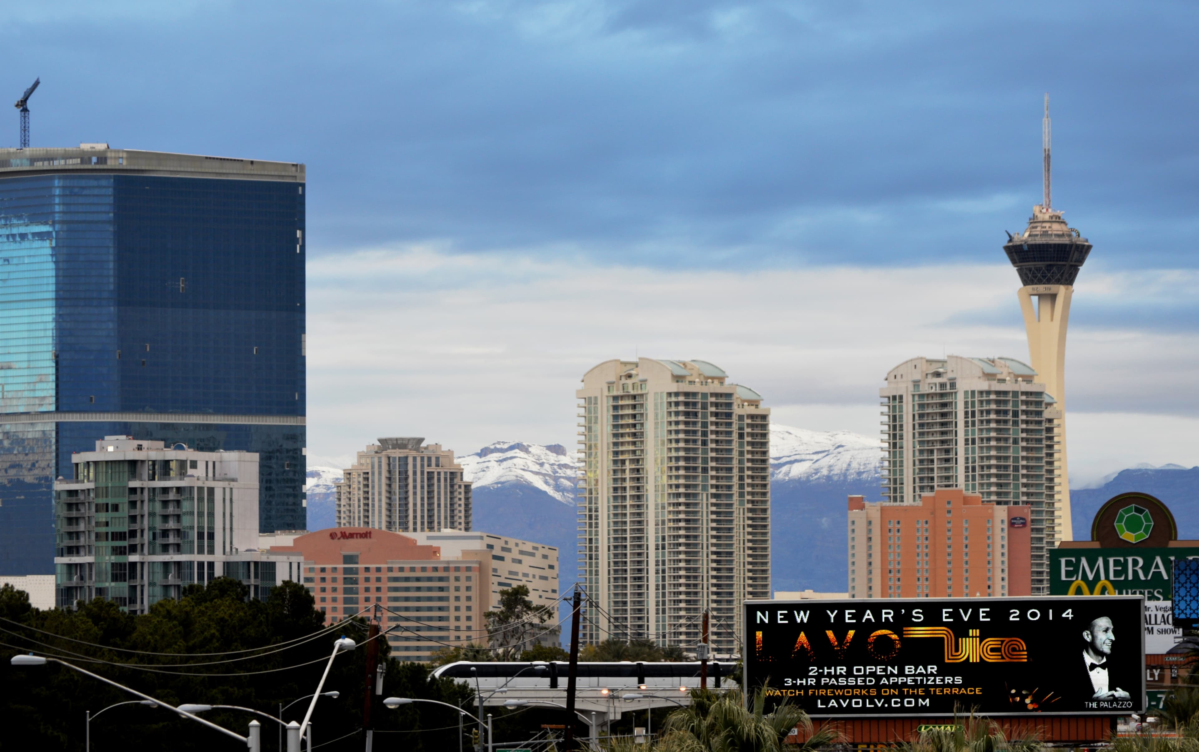 Las Vegas Monorail train running near Strip hotels