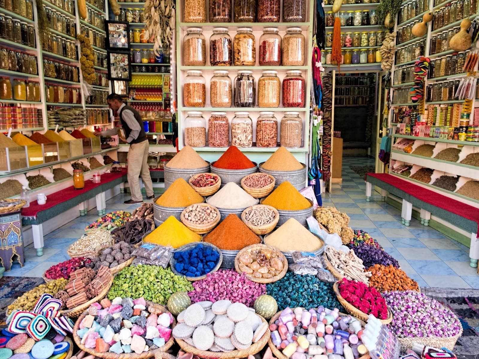 Colorful spice display in the Marrakech souks