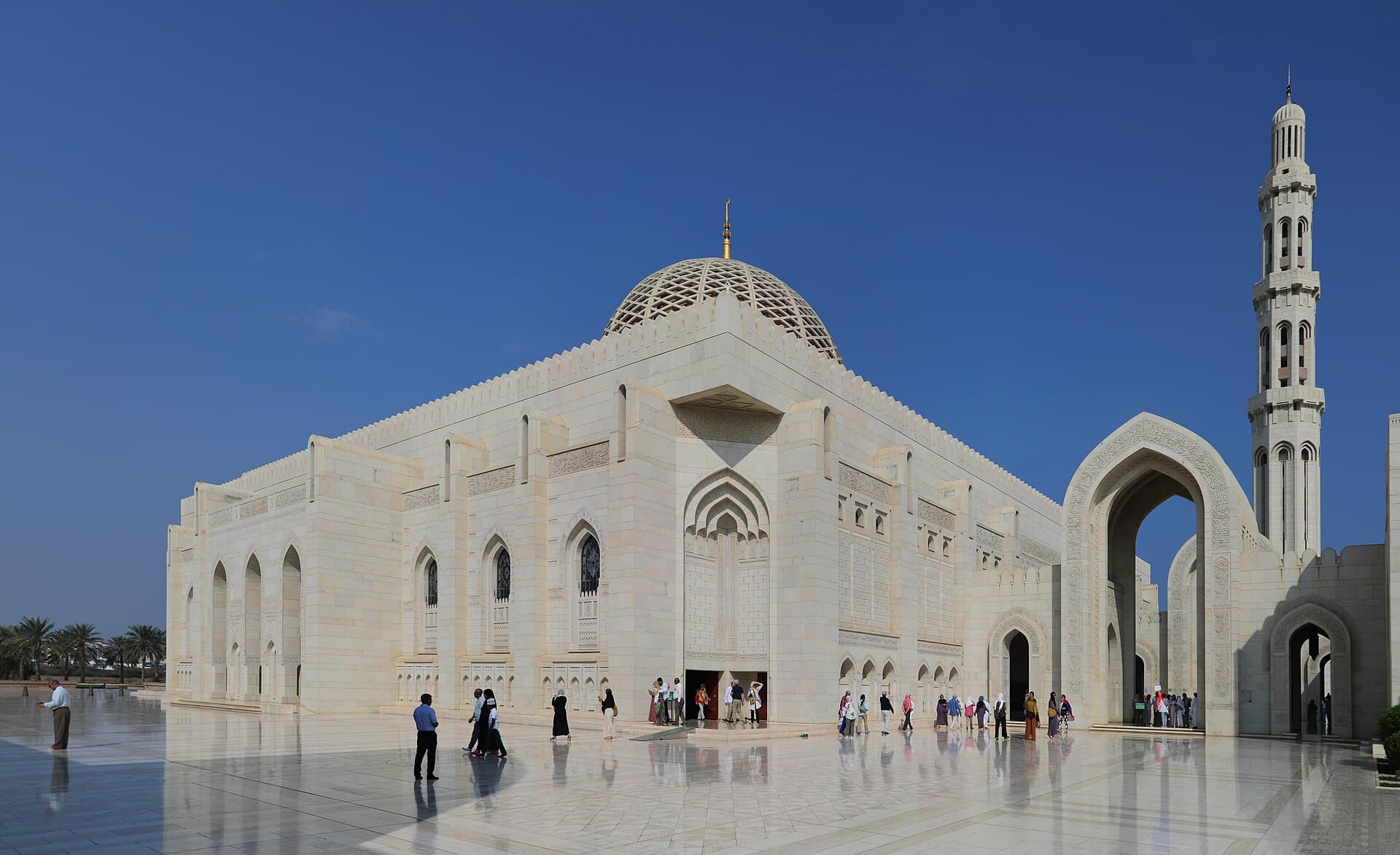 Sultan Qaboos Grand Mosque courtyard and main prayer hall exterior