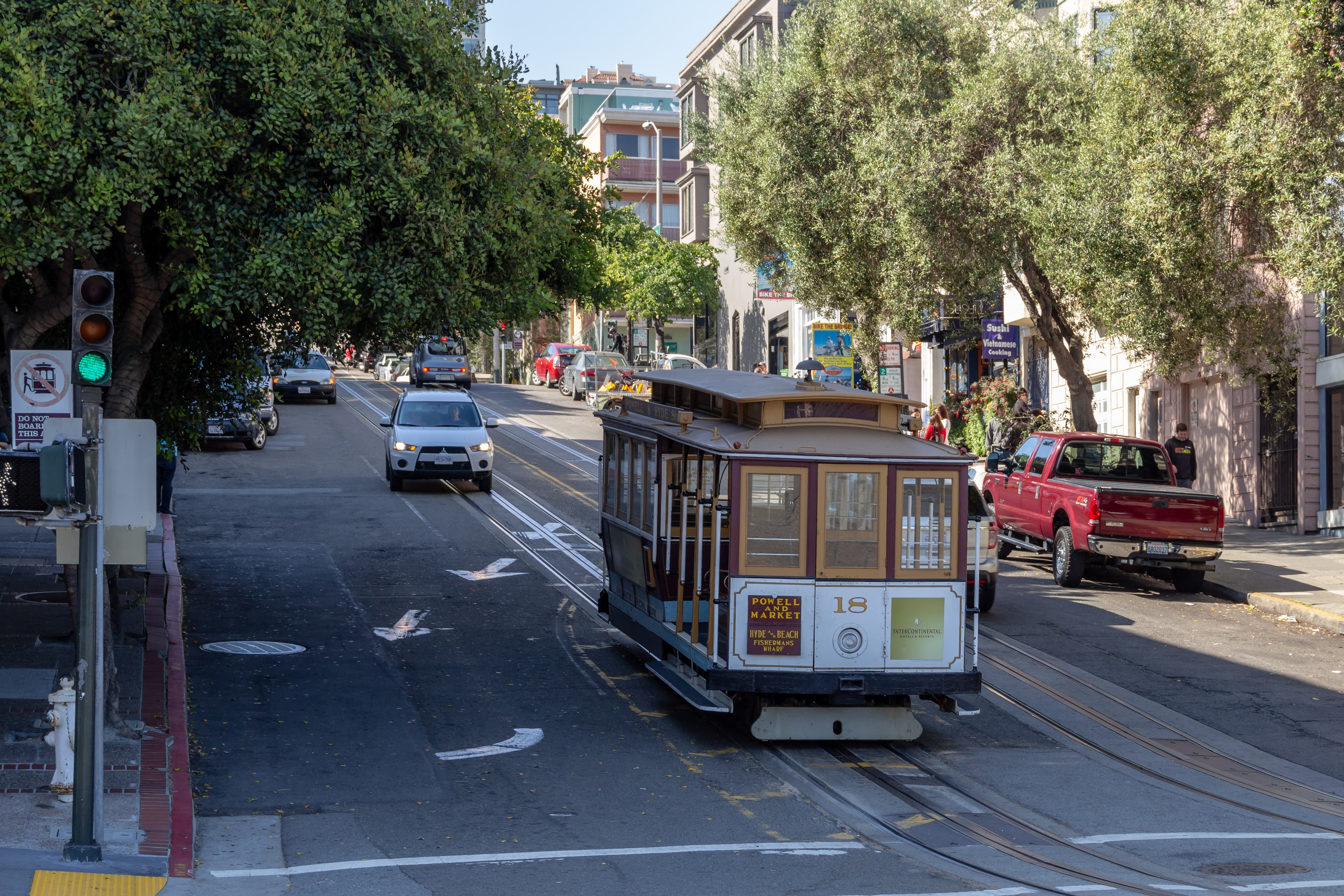 A cable car on a San Francisco street