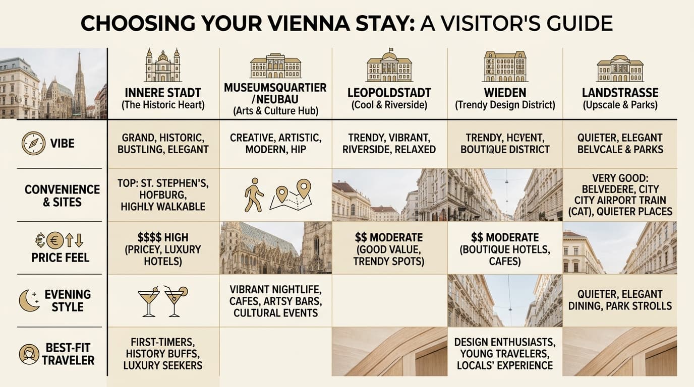 Comparison visual showing Vienna neighborhoods for first-time visitors