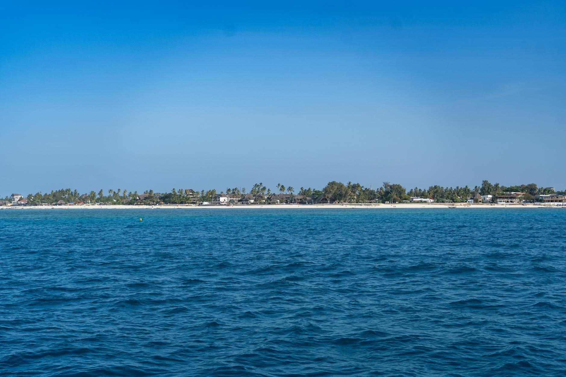 Zanzibar coastline with pristine turquoise waters, white sand, and palm trees under clear blue sky