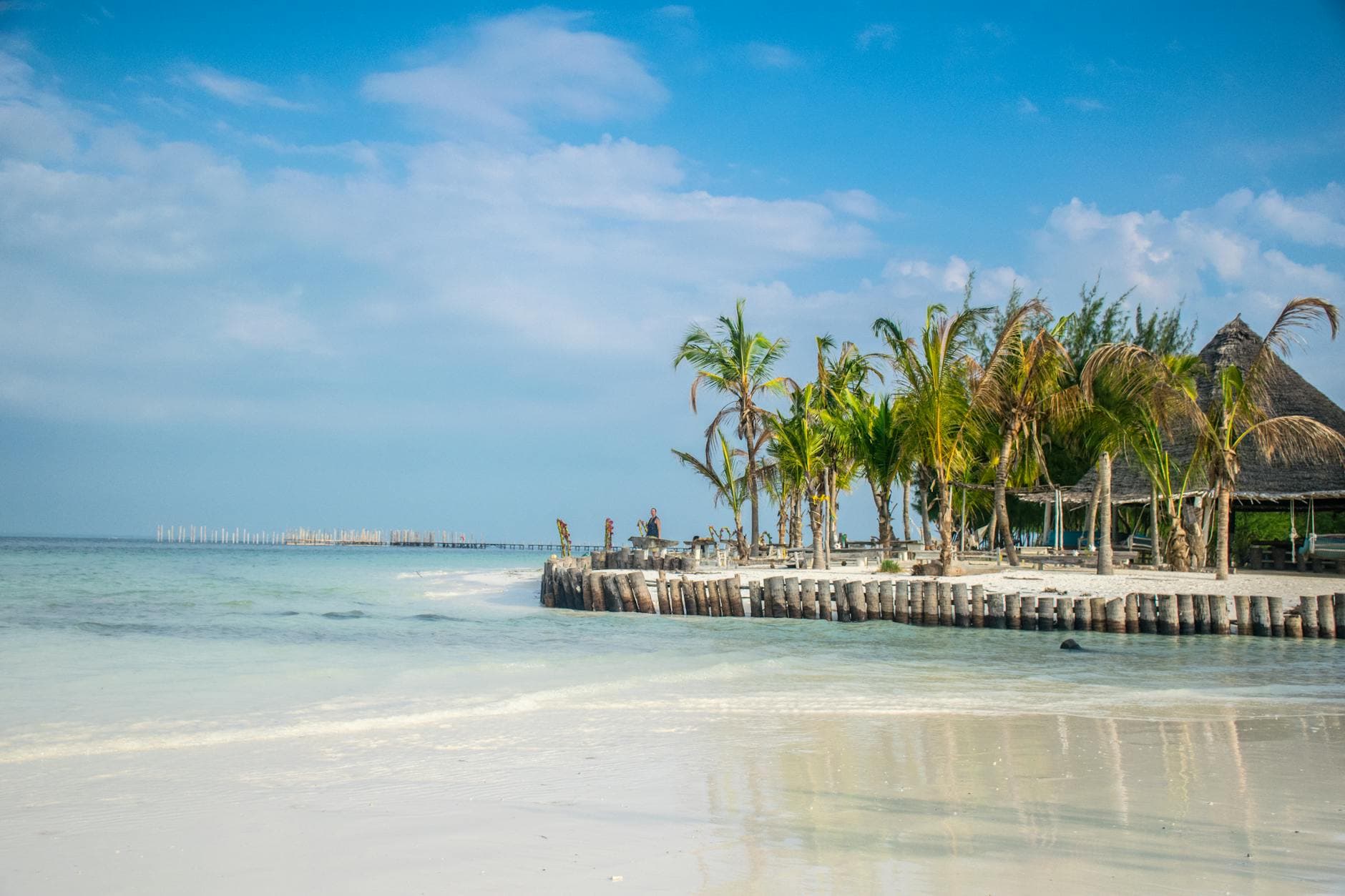 Zanzibar beach during dry season with white sand, turquoise water, palm trees, and clear blue skies